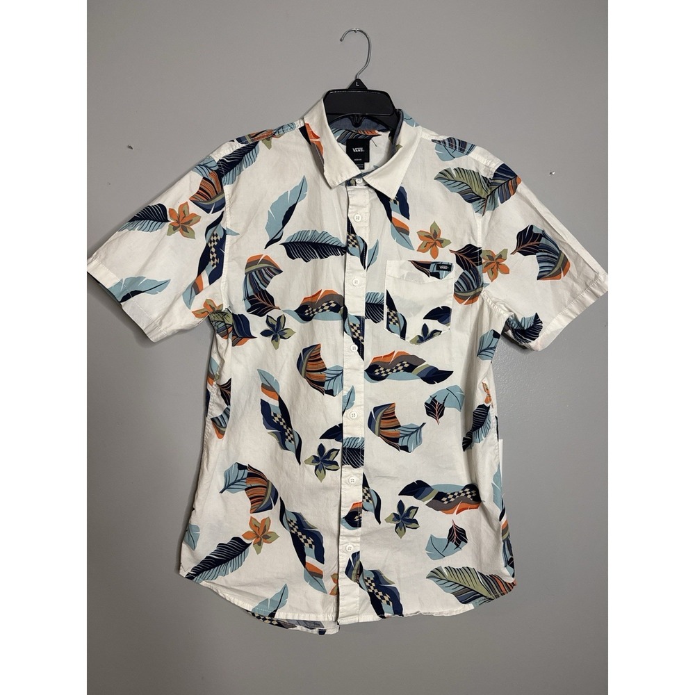 Vans Button Up Shirt Mens Medium White Tropical Leaf Print Short Sleeve Cotton